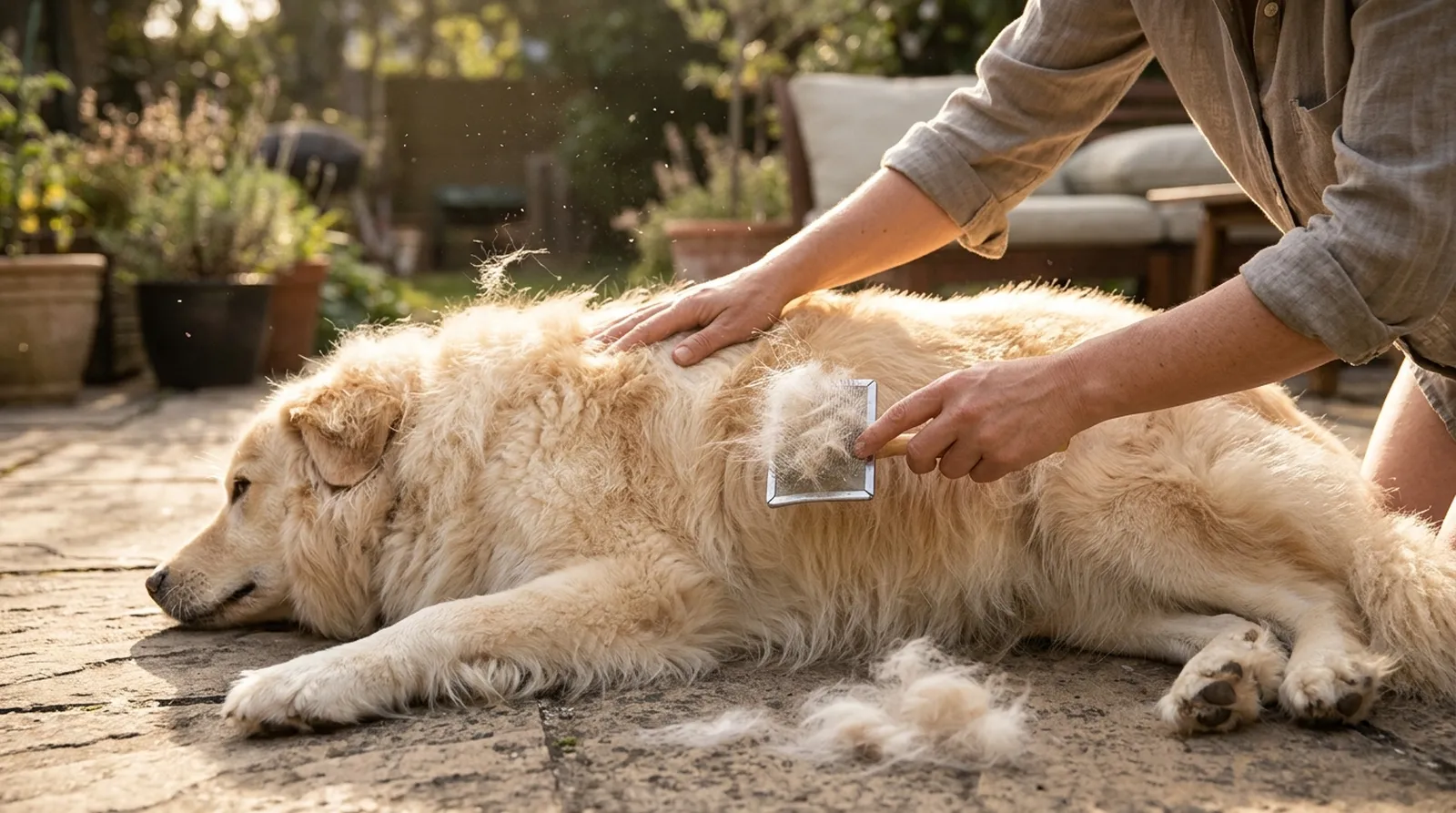 Persona cepillando a un perro de pelo largo en una terraza soleada