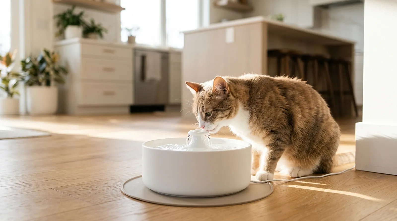 Gato bebiendo de una fuente de agua en una cocina luminosa
