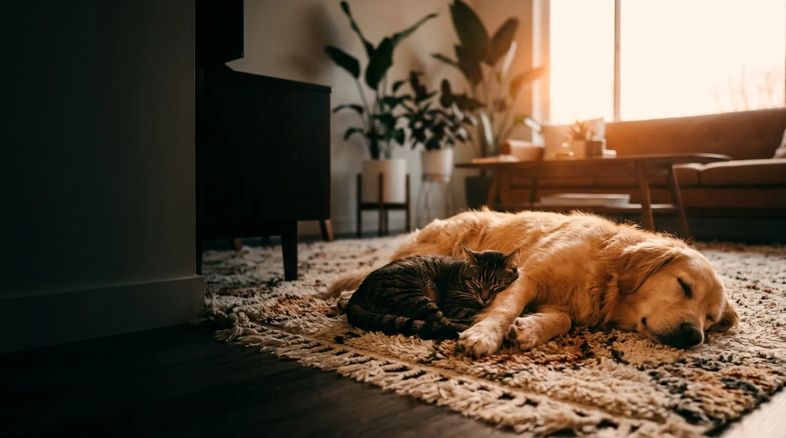 Un perro y un gato descansando juntos en un salón luminoso