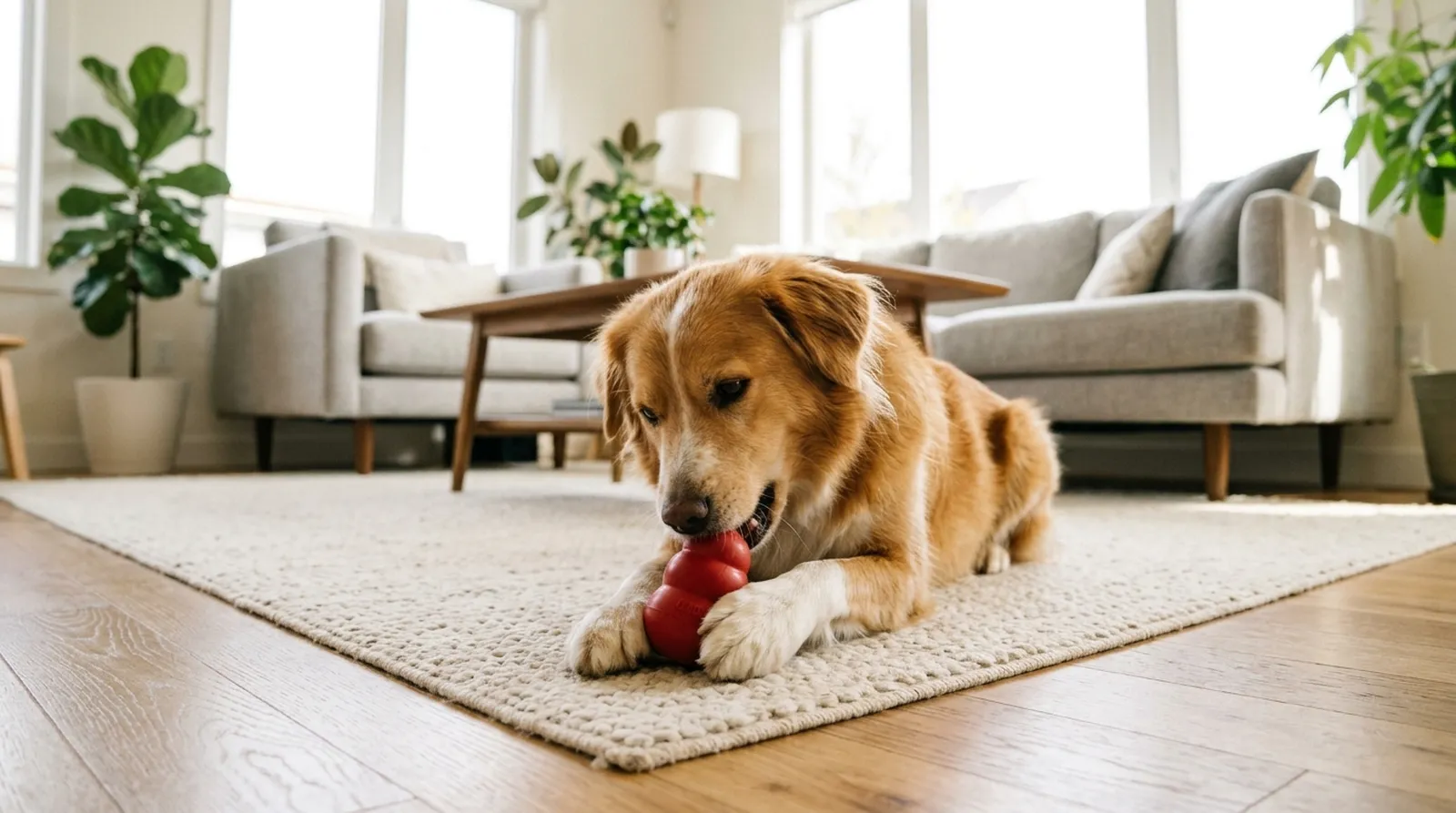 Perro feliz jugando con un juguete de caucho en un salón luminoso